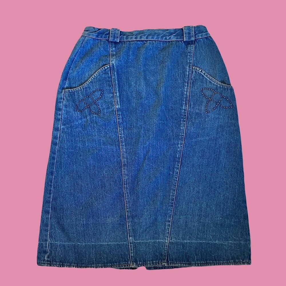 Vintage Y2K midi denim skirt with bedazzled pockets in front